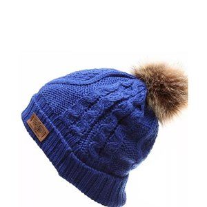 ANGELA & WILLIAM Faux Fur Pom Beanie with Fleece Lining - Royal NWT